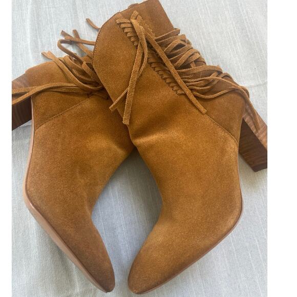 Vtg Charles David Boulder Suede Leather Camel Western Fringe Bootie Boots SZ 7 - Picture 7 of 11